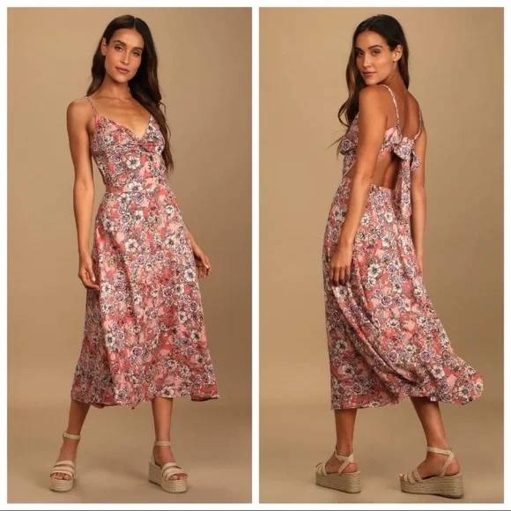 Lulus Ties With You Rose Pink Floral Print Tie-Back Midi Dressβ Size XXL
